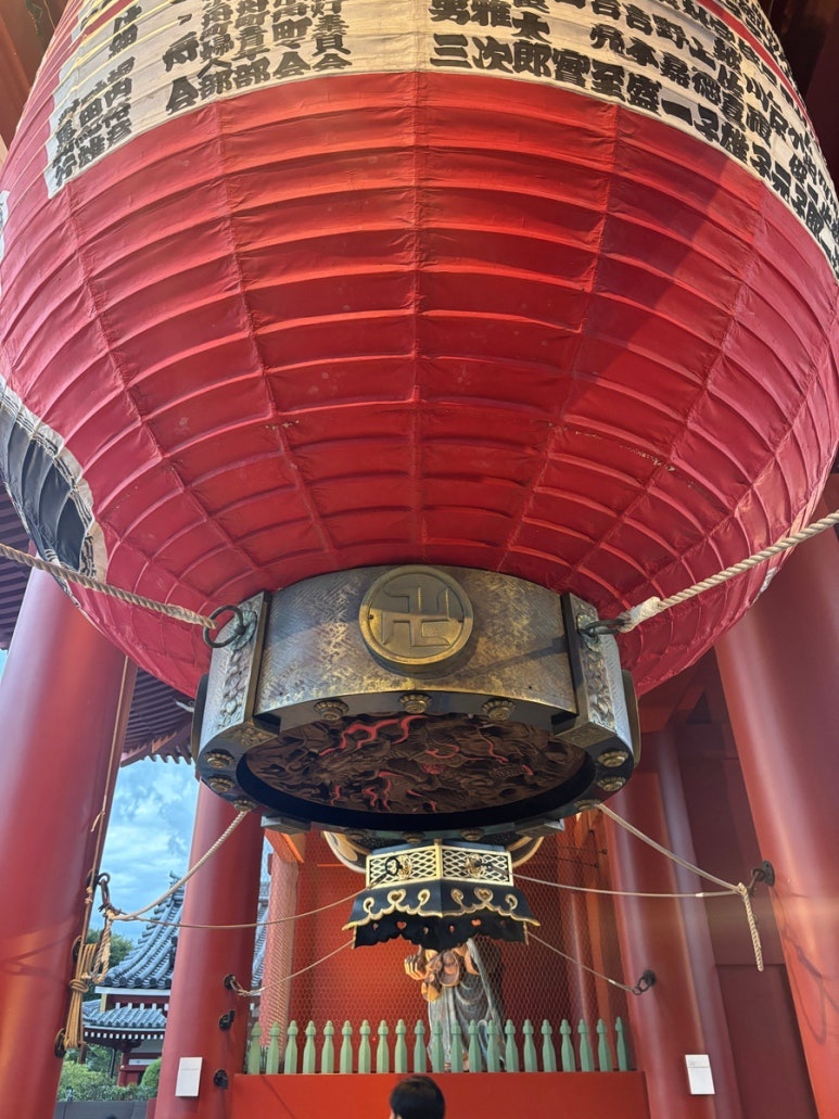 Dragon carving hidden underneath the massive lantern at Kaminarimon Gate
