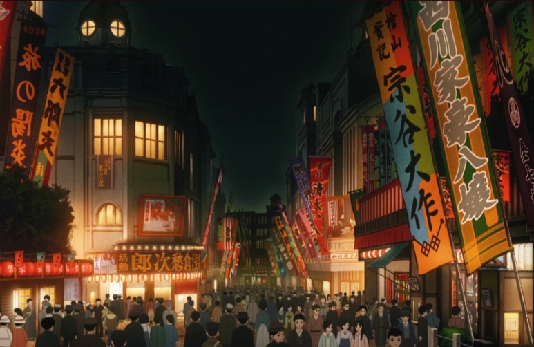Demon Slayer anime scene showing Tanjiro in historical Asakusa streets