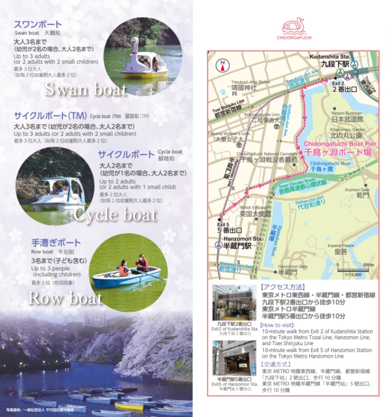 Chidorigafuchi boat dock location map and boat types including rowboats and cycle boats