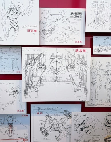 Character setting sheets on display at Evangelion 30th Anniversary Exhibition