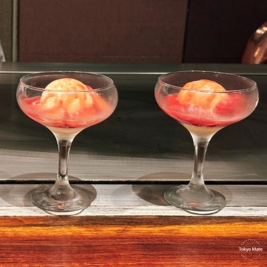 Completed strawberry flambe ice cream dessert