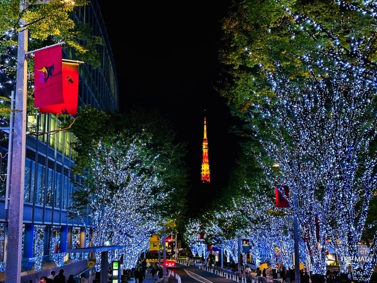 Roppongi Keyakizaka illumination with Tokyo Tower in distance