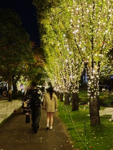 Illuminated staircase fountain along Roppongi Tokyo Midtown promenade