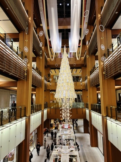 Close-up of the indoor Santa Tree decorations