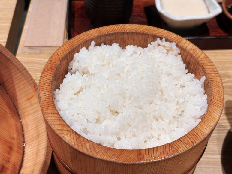 Rice served in traditional wooden ohitsu container