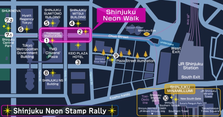 Shinjuku Neon Walk stamp rally map showing all 10 locations