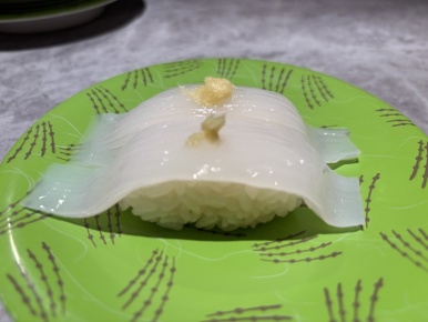 Squid sushi at Nemuro Hanamaru, 418 yen