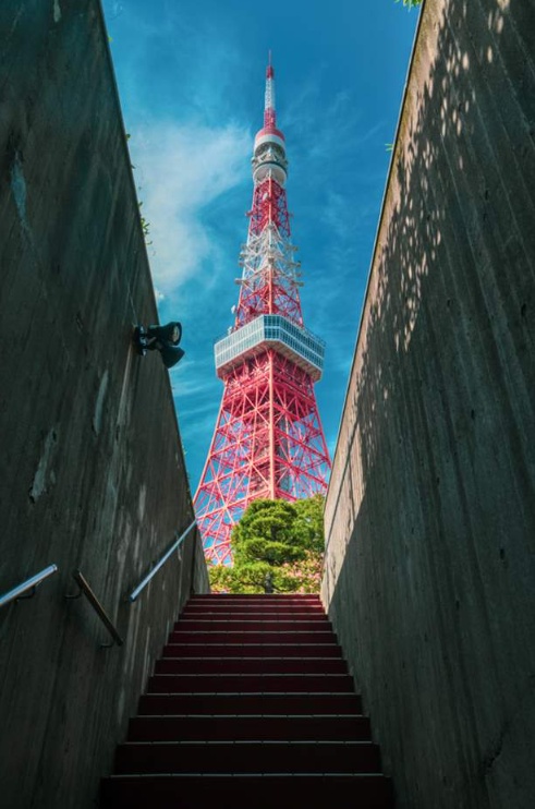 Underground parking staircase with Tokyo Tower framed above