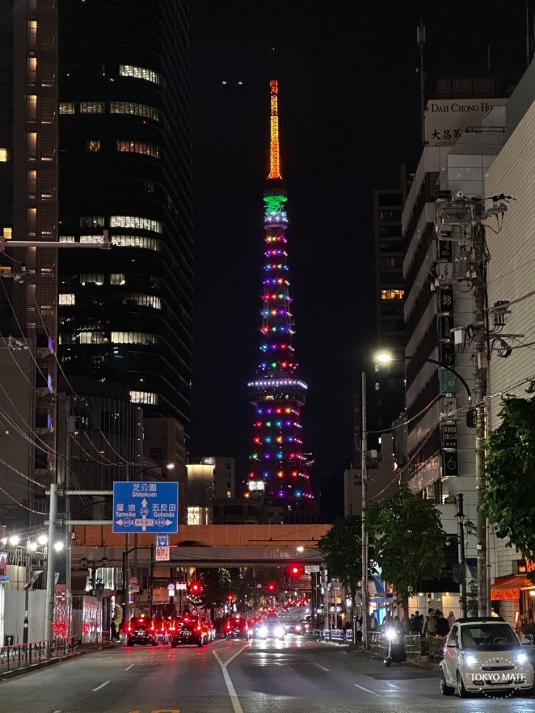 Tokyo Tower night view framed between Roppongi buildings