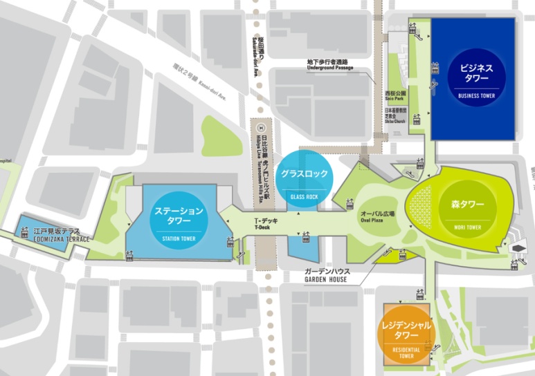 虎之门山4座塔位置地图、森塔、商业塔、玻璃塔、车站塔